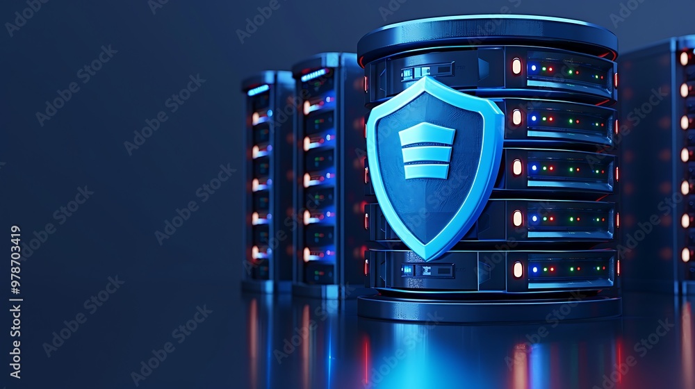 Poster a modern data server with a blue shield symbol, representing digital security and protection in a hi