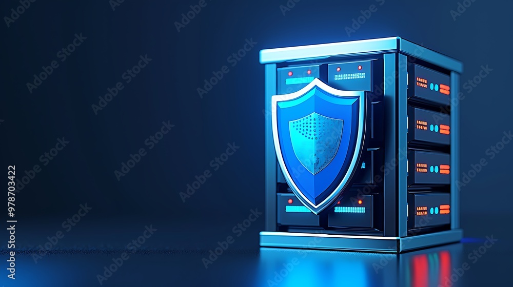 Poster a modern data server with a blue shield symbolizing security and protection against cyber threats in