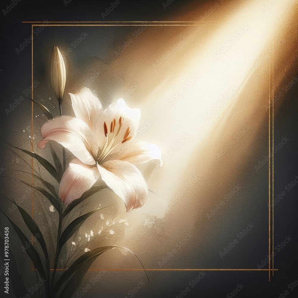 Poster elegant white lily illuminated by soft light, creating a serene and peaceful atmosphere.