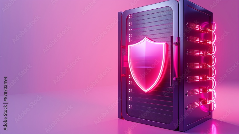 Aufkleber a modern data server with a glowing shield, symbolizing cybersecurity and data protection in a vibra