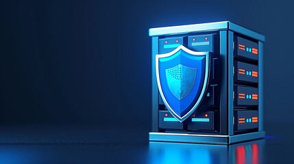 A modern data server with a blue shield symbolizing security and protection against cyber threats in a digital landscape.