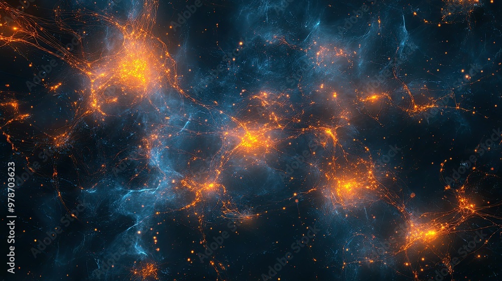 Poster abstract art of neural pathways glowing in a dark space, symbolizing brain activity and connectivity