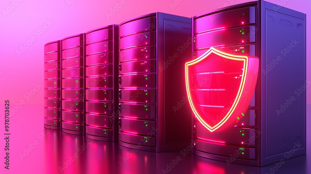 Poster a modern data server with a glowing shield symbol representing cybersecurity and data protection in 