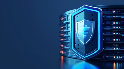 Obraz premium A modern data server with a glowing shield symbolizing cybersecurity and protection in a technological environment.