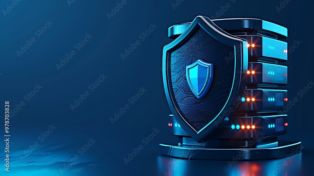 Poster a modern data server with a protective shield symbol, illustrating digital security and data protect