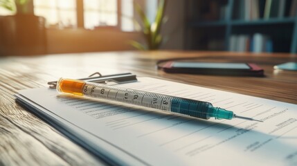 A syringe placed on a document, suggesting medical or pharmaceutical context.