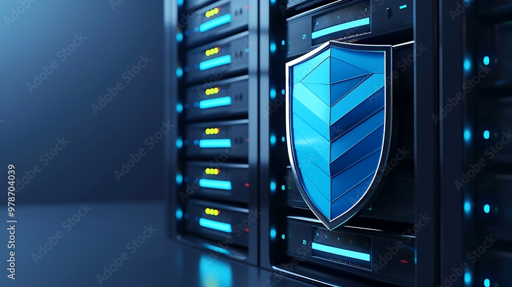 Poster a modern data server with a security shield design, symbolizing protection and technology in a digit
