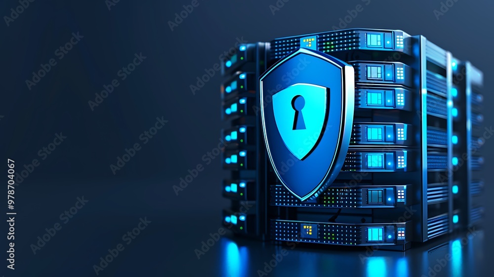 Poster a modern data server with a security shield symbol, representing cybersecurity and data protection i