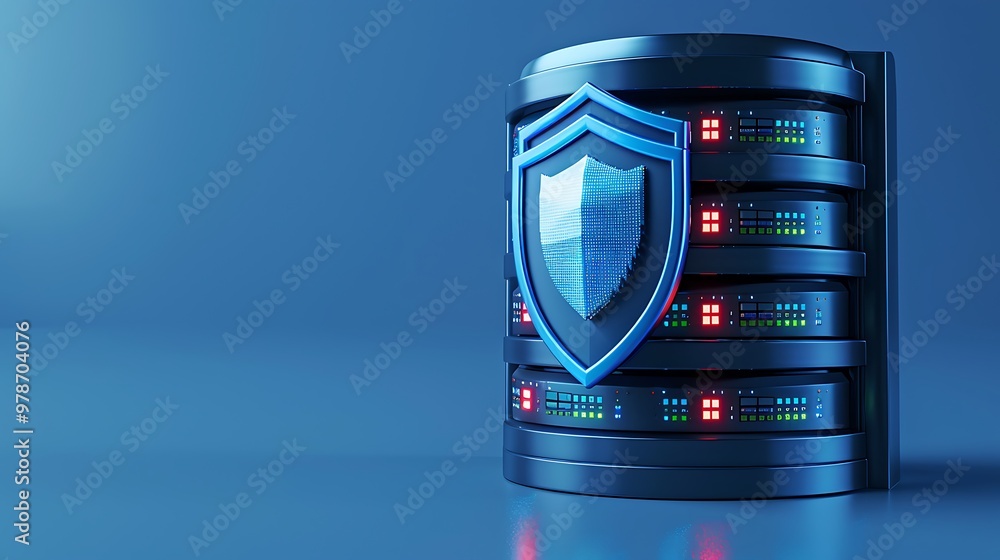 Poster a modern data server with a security shield, symbolizing protection and security in technology and d