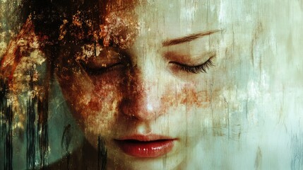 Abstract depiction of a woman in deep sadness, with blurred facial features and muted colors symbolizing depression