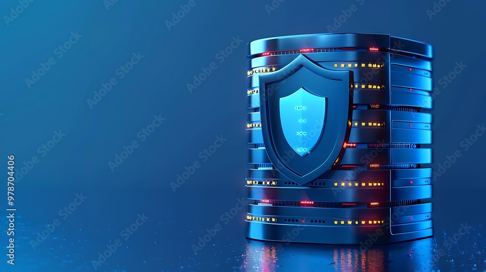 Poster a modern data server with a shield symbol, representing security and protection against cyber threat