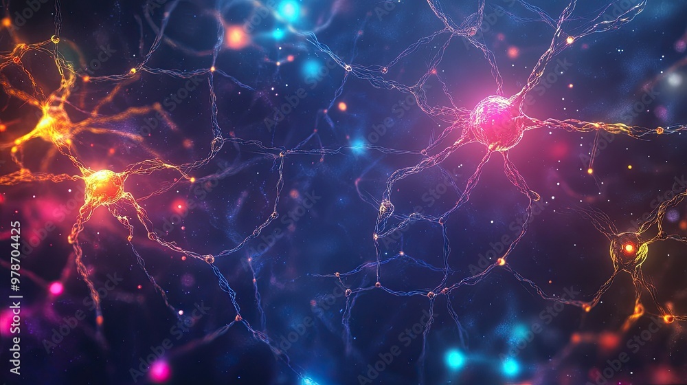 Poster abstract neural connections glowing in bright colors against a dark background, representing ai and 
