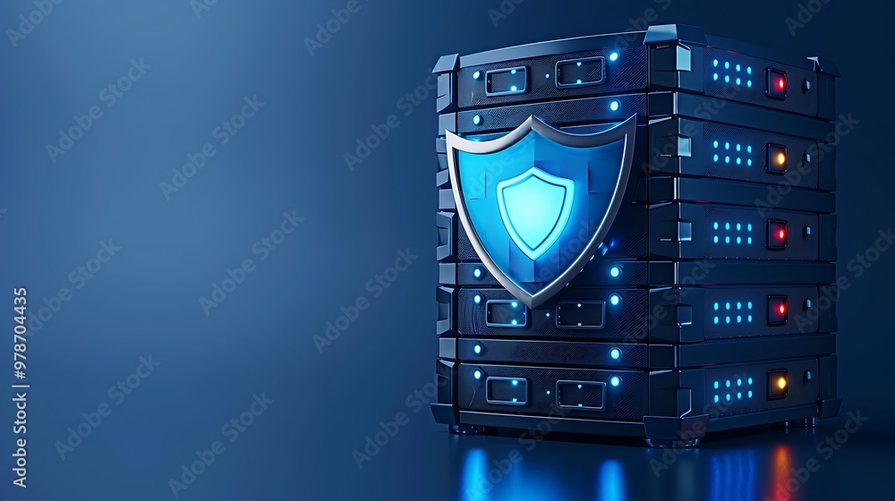 Poster a modern data server with a shield symbolizing enhanced security and protection in a digital environ