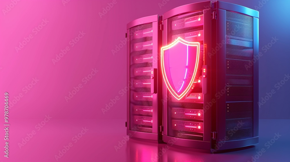 Poster a modern data server with glowing shield emblem, symbolizing cybersecurity and data protection in a 