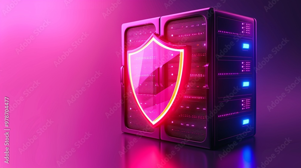 Poster a modern data server with glowing shield symbol, representing cybersecurity and data protection in a