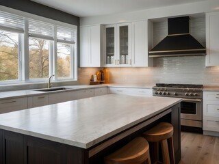 Modern Kitchen with White Cabinets, Marble Countertop, and Black Range Hood