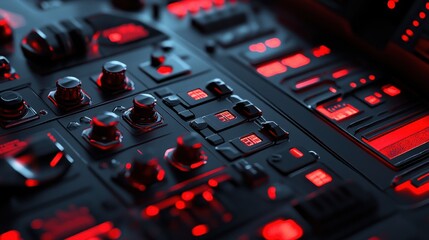 A close-up of a control panel with illuminated buttons and knobs, suggesting a technological setting.