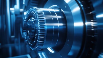 A close-up of a metallic gear showcasing intricate design and engineering.