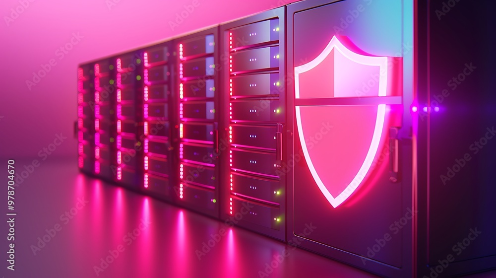 Aufkleber a modern data server with vibrant pink lighting and a digital shield symbolizing cybersecurity and d