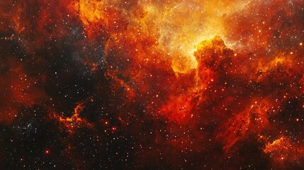 Abstract red and orange cosmic nebula with intense starbursts shining through, creating an otherworldly celestial landscape