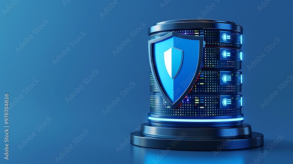 Poster a modern database with a shield emblem symbolizing data security and protection against cyber threat