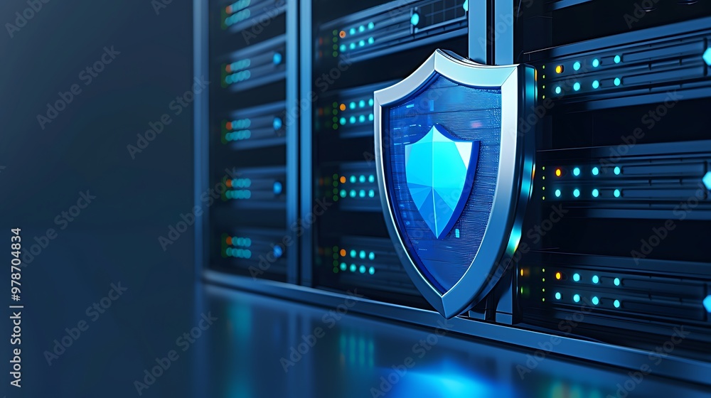 Poster a modern digital shield symbolizing cybersecurity protection on a server background, representing da