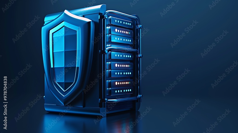 Poster a modern, sleek server with a protective shield design, symbolizing data security and technological 