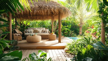 Fototapeta premium Serene outdoor living space with tropical foliage, a cozy hut, and comfortable seating perfect for relaxation.