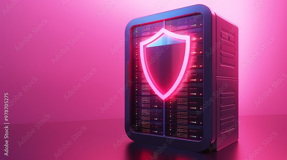 Poster a modern server highlighted with a neon shield, symbolizing cybersecurity and data protection in a v