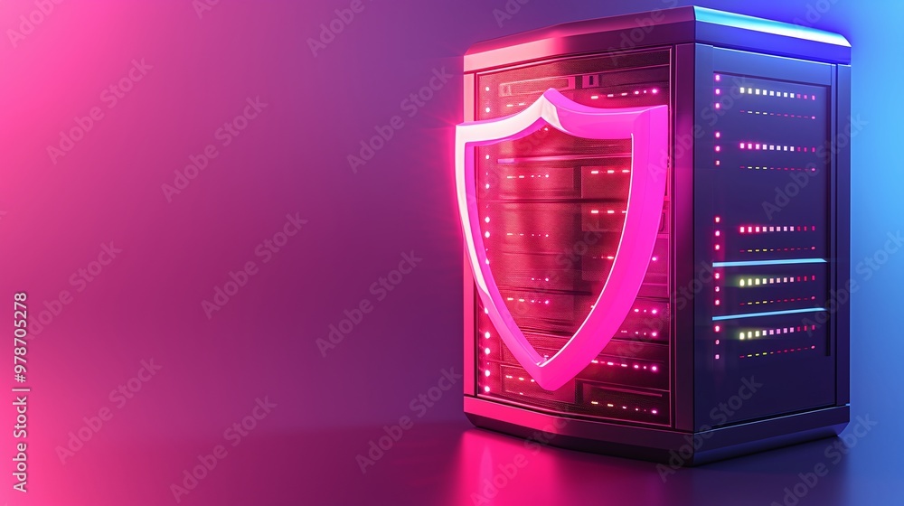 Poster a modern server equipped with a glowing shield symbolizing cybersecurity and data protection in a di