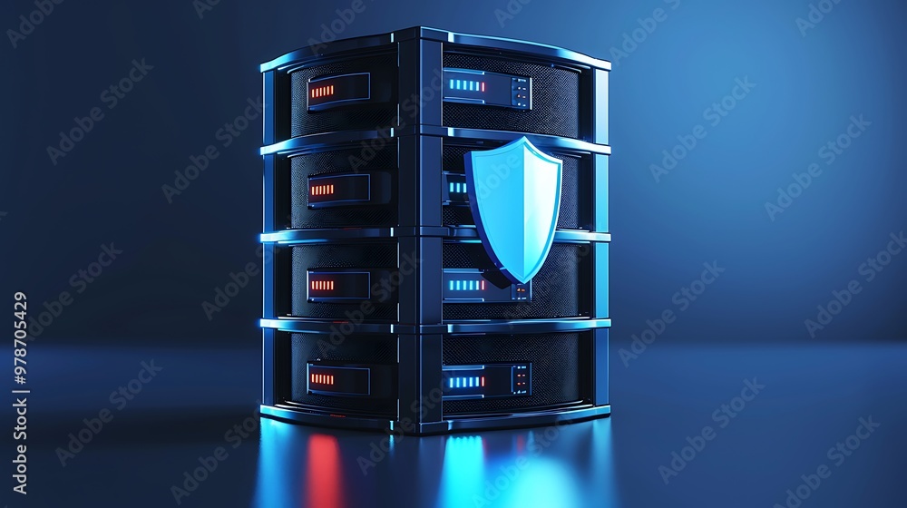 Poster a modern server rack with a protective shield, symbolizing data security and technology in a sleek b