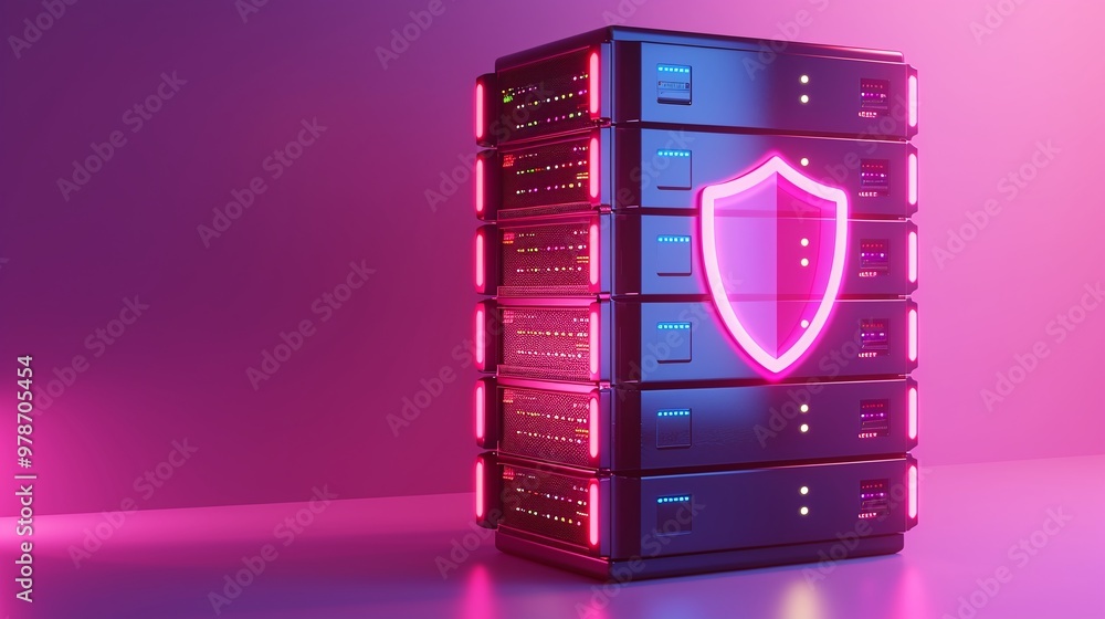Poster a modern server rack with a glowing shield symbol, representing cybersecurity and data protection in