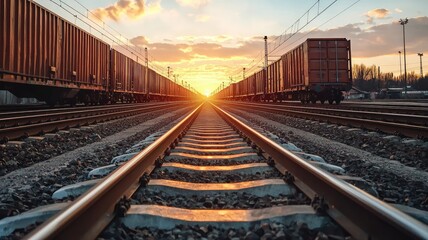 Fototapeta premium Stunning view of train tracks leading to a sunset, showcasing the beauty of railway transportation and evening sky.