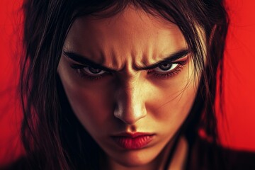 Fototapeta premium Striking woman intense portrait with an angry expression against a vibrant red background. Evil girl