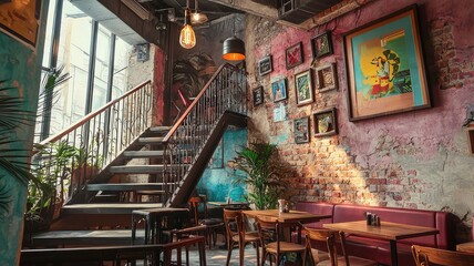 Fototapeta premium Stylish cafe interior with vibrant decor, wooden furniture, plants, and artistic stairway, creating a cozy ambiance.