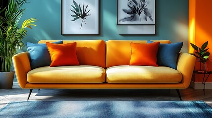 Yellow sofa with blue and orange pillows in a modern living room with sunlight.