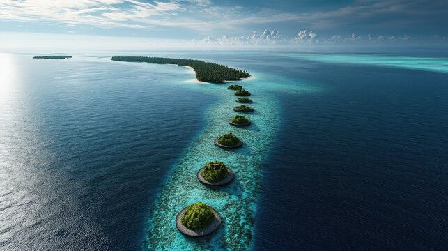 Aerial view of a chain of islands in the Maldives, each surrounded by coral reefs and clear water.