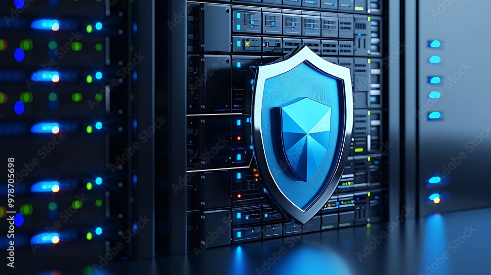Poster a modern server room featuring a shield symbol, representing data security and protection in digital