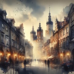 Obraz premium A dreamy view of a historic city street at dusk, with elegant architecture and warm lights.