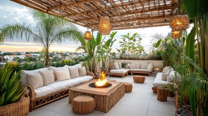 Fototapeta premium Stylish outdoor lounge with cozy seating, tropical plants, and a fire pit, perfect for relaxation and gatherings.