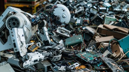 Fototapeta premium A Robot Scrounging Through E-Waste, High Detail, Close Up, Scrapping, Electronic Waste, Robotics, Recycling