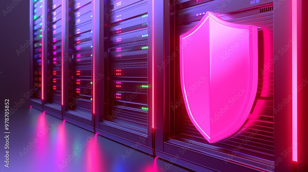 Poster a modern server room featuring illuminated racks and a digital shield symbolizing security and data 