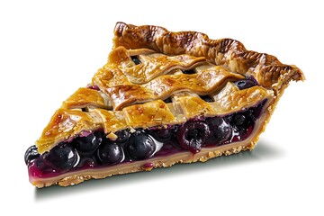A realistic rendering of a slice of blueberry pie with a flaky crust isolated on a clean background emphasizing its homemade 