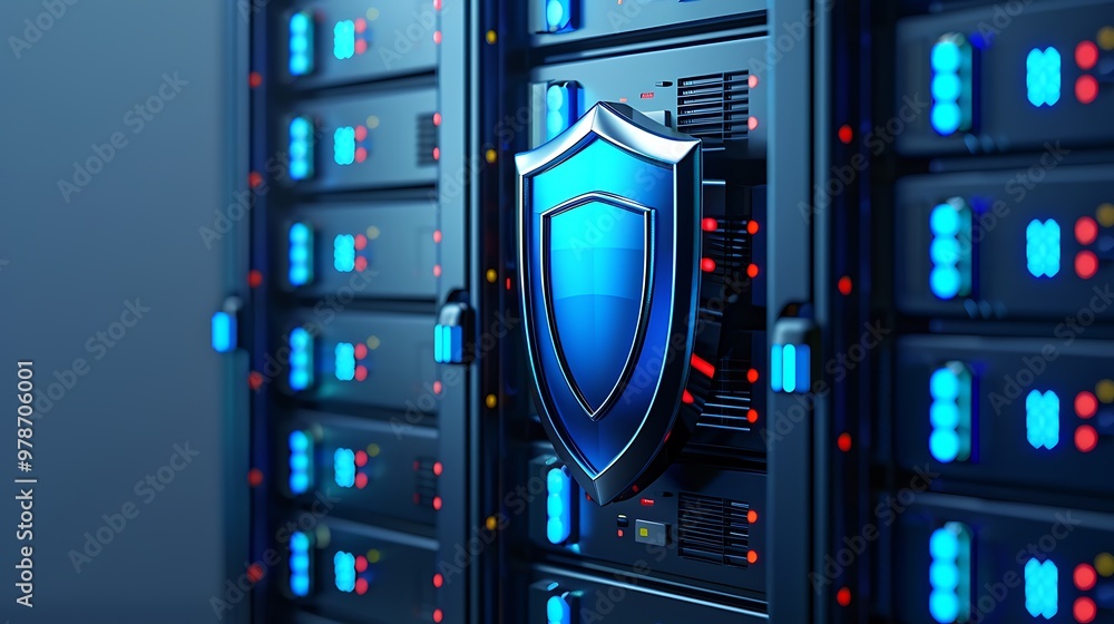 Poster a modern server room showcasing secure data storage, featuring a blue shield symbolizing cybersecuri