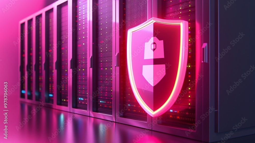 Poster a modern server room with a neon shield symbolizing cybersecurity and data protection technology.