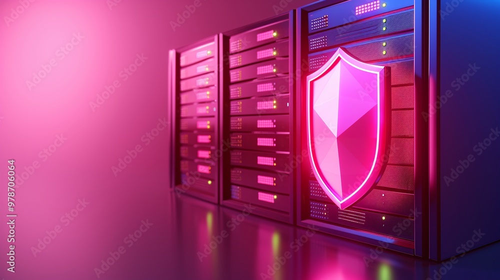 Poster a modern server room with colorful lighting and a shield emblem, symbolizing data security and advan