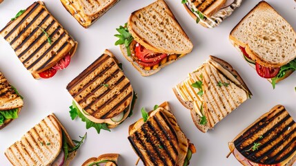 Artful Arrangement Grilled Panini Delights Capture Freshness and Vibrancy in Symmetrical Flat Lay Composition, Illuminated by Soft Shadows