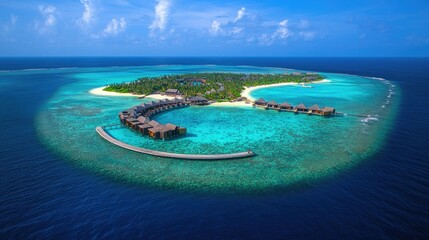 Aerial view of a luxury resort in the Maldives, surrounded by turquoise waters and sandy beaches.