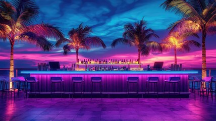 Vibrant beach bar illuminated by neon lights, set against a stunning sunset with palm trees swaying in the tropical breeze.