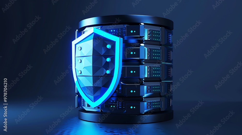 Poster a modern server setup with a glowing shield symbol, representing data security and technological adv